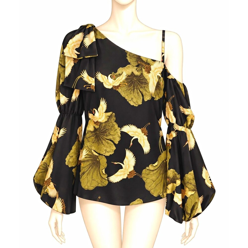 Vava by Joy Han Blouse One Shoulder Crane Blouse Puff Sleeve Bow M USA